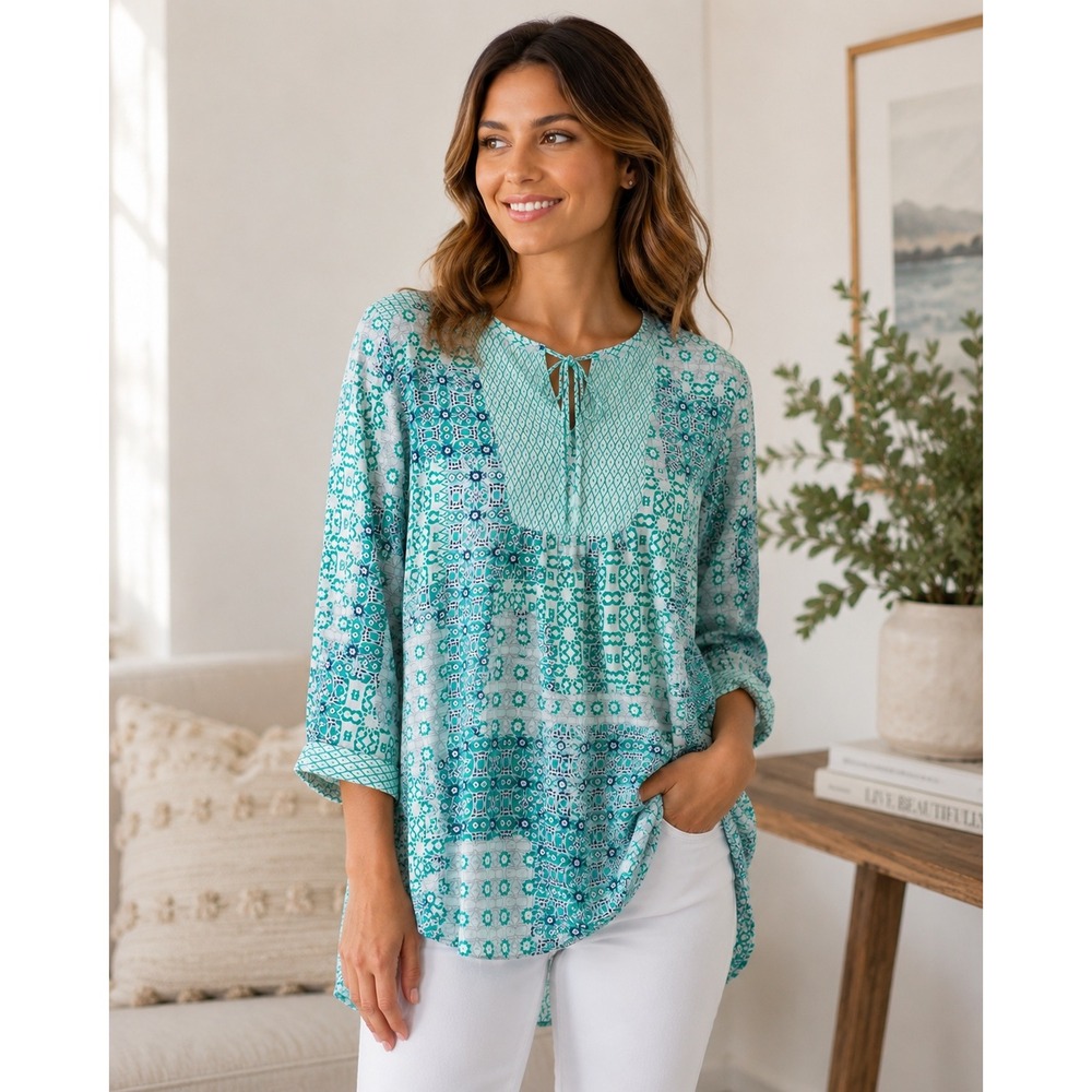 NYDJ Teal White Geometric Patchwork Print Split Neck Tie Peasant Blouse XS